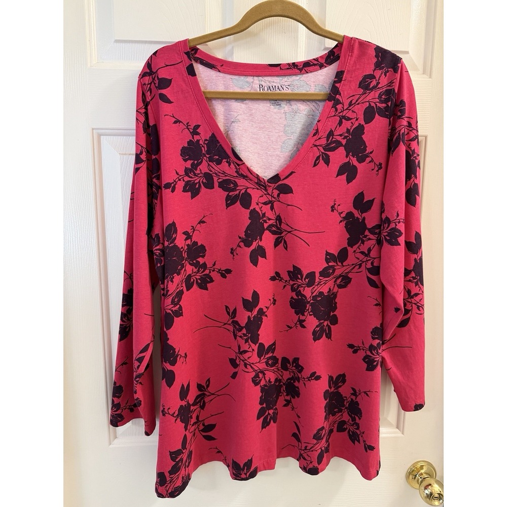 Roaman's Women's 1X Pink/Black Floral V-Neck Long Sleeve Cotton Knit Top